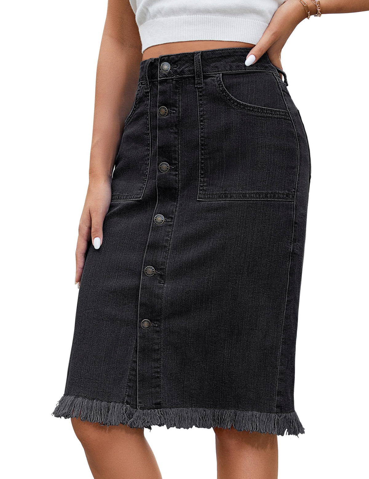 luvamia Women's Casual Mid Rise Button Down Frayed Raw Hem Denim Jean Midi Skirt