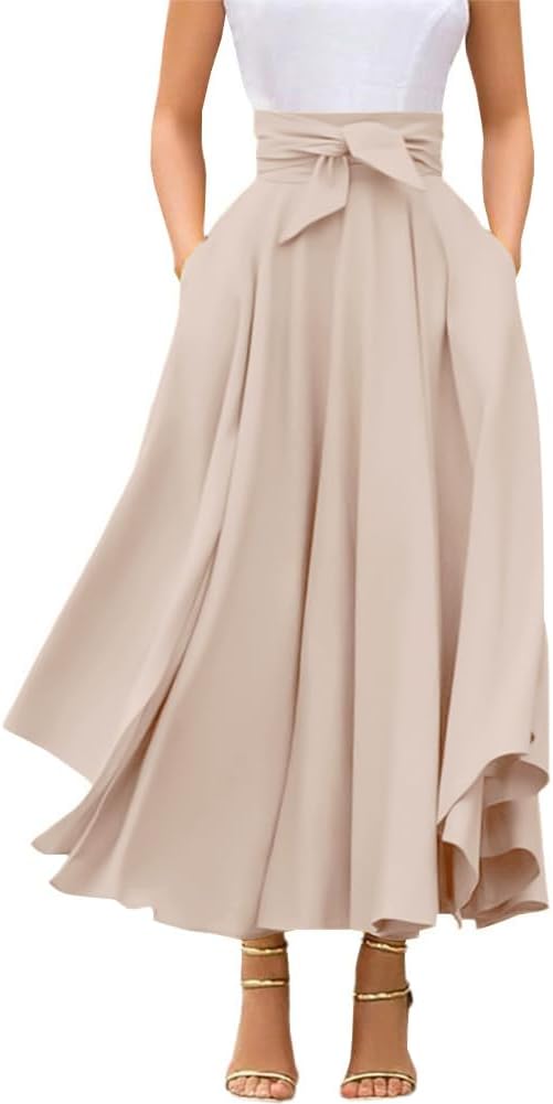 chouyatou Women's Elegant High Waisted Side Slit Irregular Bohemian Maxi Skirt with Pockets