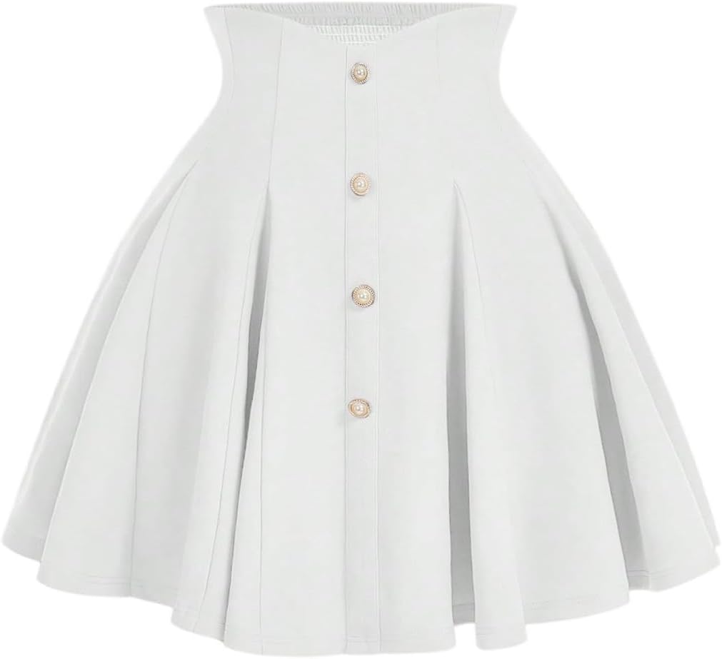 MakeMeChic Women's Plus Size High Waist Skirt Pearl Button A Line Flare Shirred Short Skirts