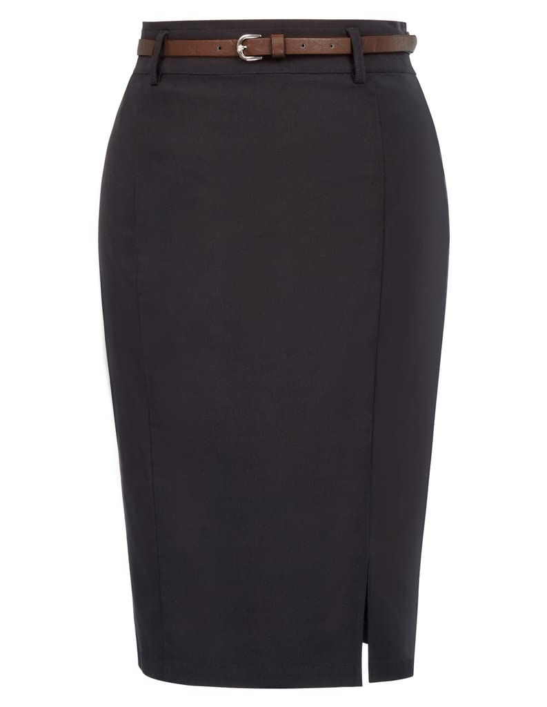 Kate Kasin Women Pencil High Waist Knee Length Bodycon Skirt with Belt