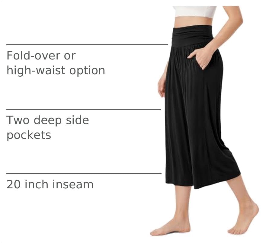 ODODOS Women's Wide Leg Palazzo Lounge Cropped Pants with Pockets Light Weight Comfy Pajama Capri Pants-20/22"/ 24" Inseam