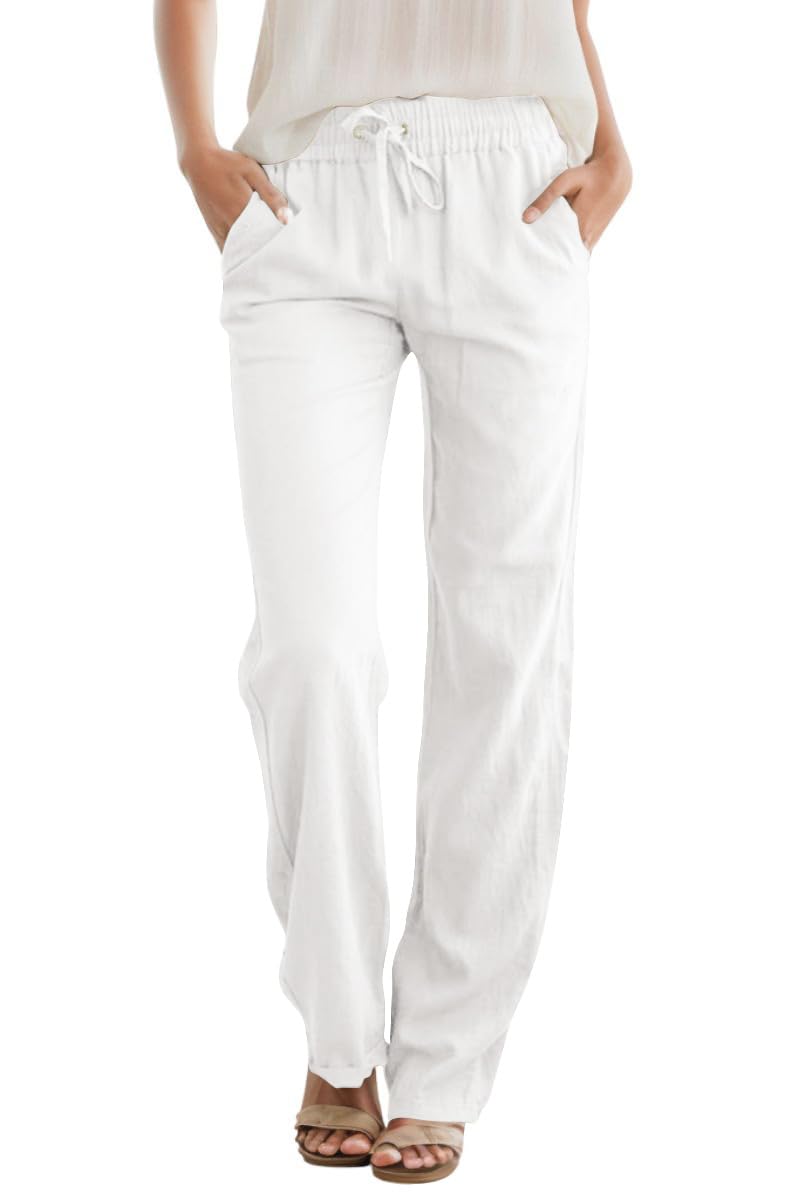 SEMARO Womens Casual Linen High Waist Pants Drawstring Loose Fit Summer Pants Trousers with Side Pockets