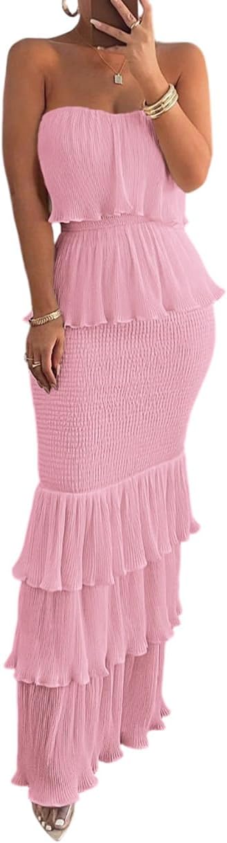 CHICME Womens Strapless Maxi Dress Shirred Tiered Ruffle Bodycon Dress