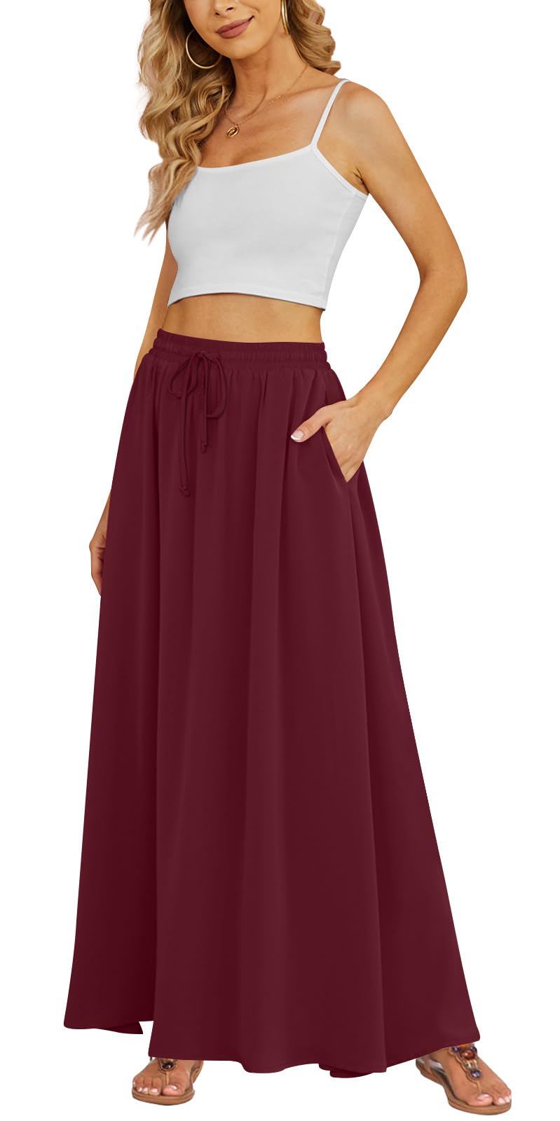 Yincro Women's Maxi Skirt Flowy High Waist Casual Long Skirts with Pockets