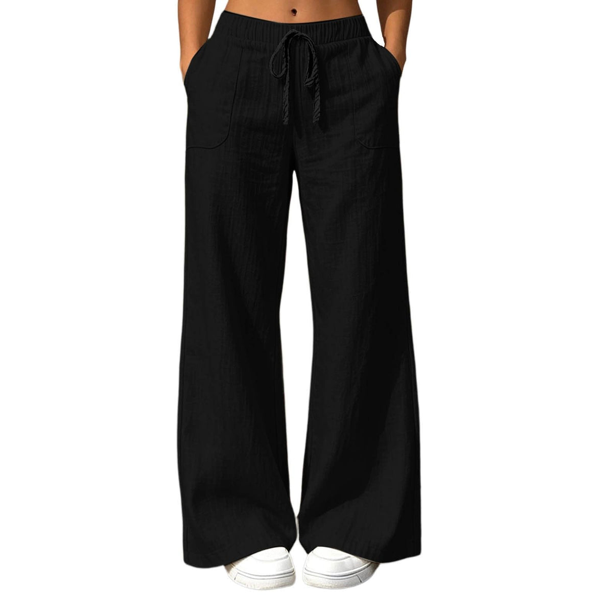High Waisted Linen Pants Women Elastic Waist Wide Leg Flowy Lounge Pants Drawstring Palazzo Pant with Pockets