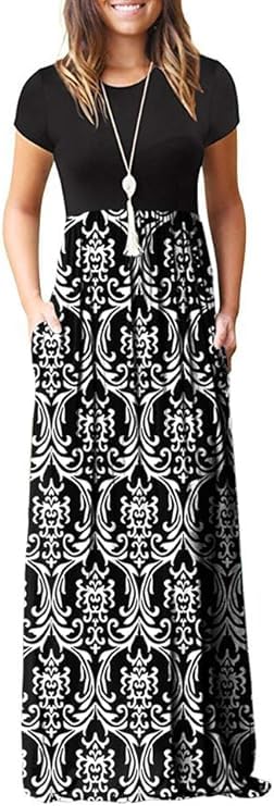DEARCASE Maxi Dress for Women Short Sleeve Casual Summer Loose Plain Comfy Long Dresses with Pockets