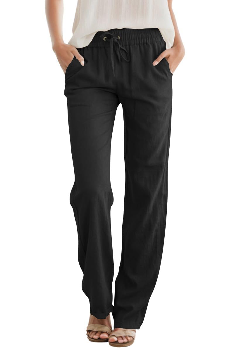 SEMARO Womens Casual Linen High Waist Pants Drawstring Loose Fit Summer Pants Trousers with Side Pockets