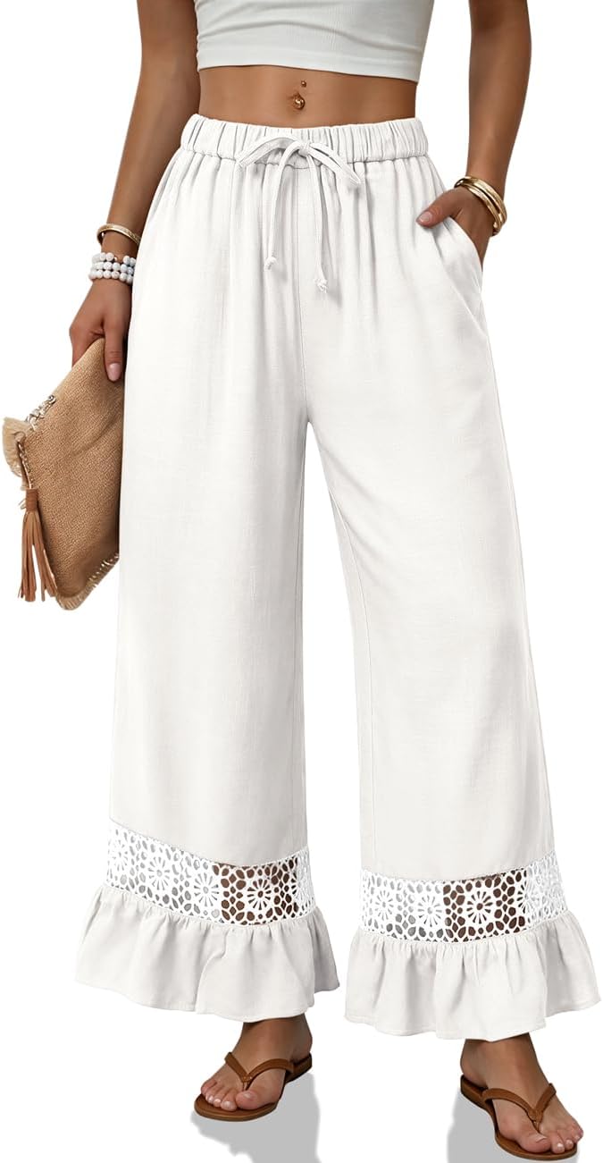 TARSE Linen Pants Women Wide Leg Lace Ruffle Hem Palazzo Pants with Pockets