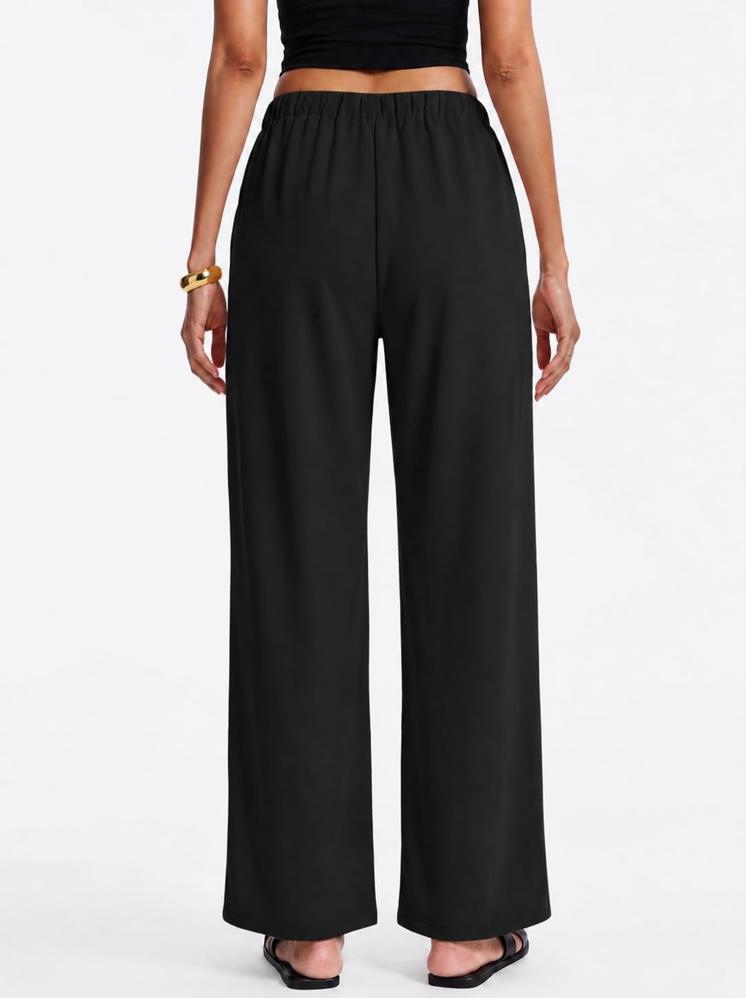 Micoson Womens Fall Wide Leg Crepe Pants Pull-On Work Trousers with Pockets