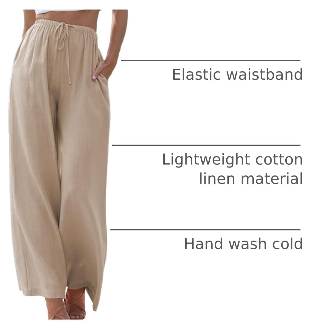 Duyang Womens Cotton Linen Palazzo Pants Drawstring Elastic Waist Casual Wide Leg Trousers with Pockets