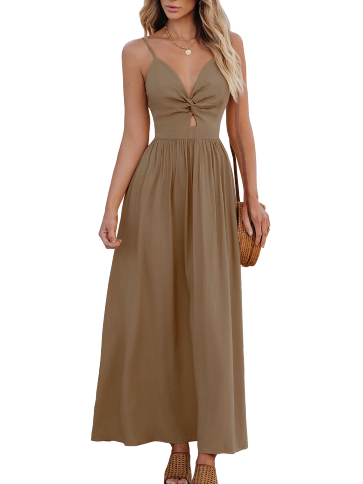 CUPSHE Women's V Neck Twisted Pleated Cutout Backless Formal Maxi Dress