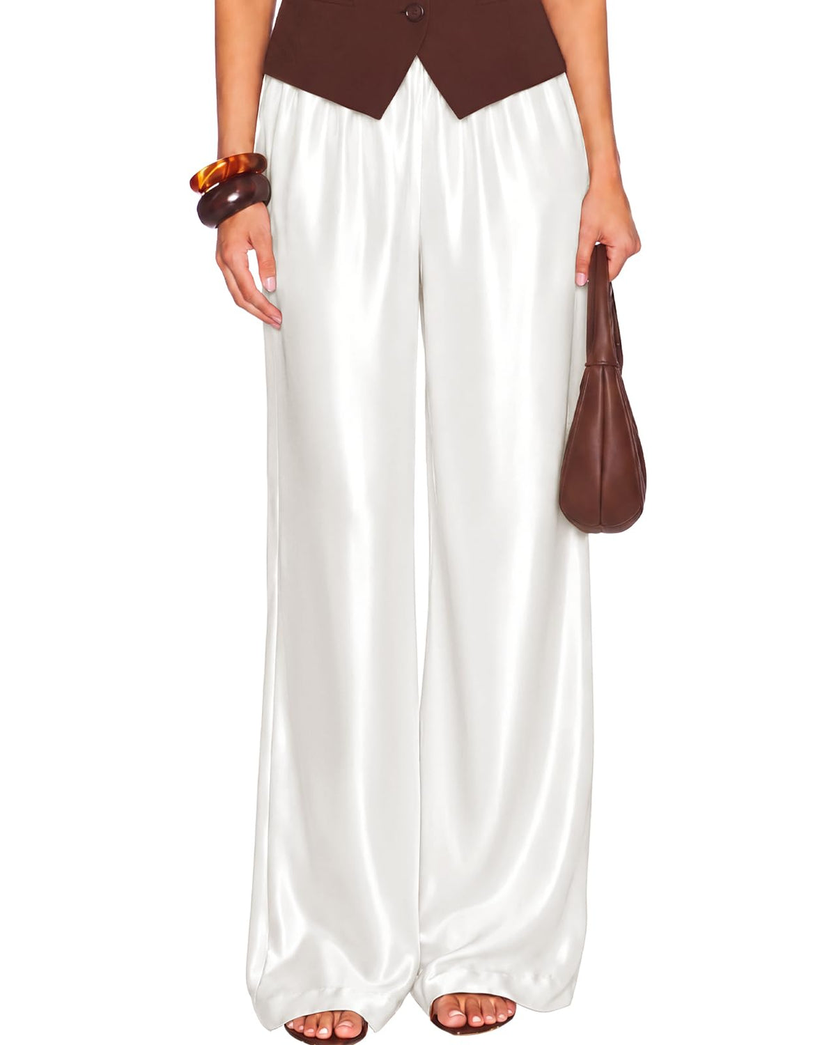 Satin Wide Leg Dress Pants Silk Flowy Long Trousers for Women
