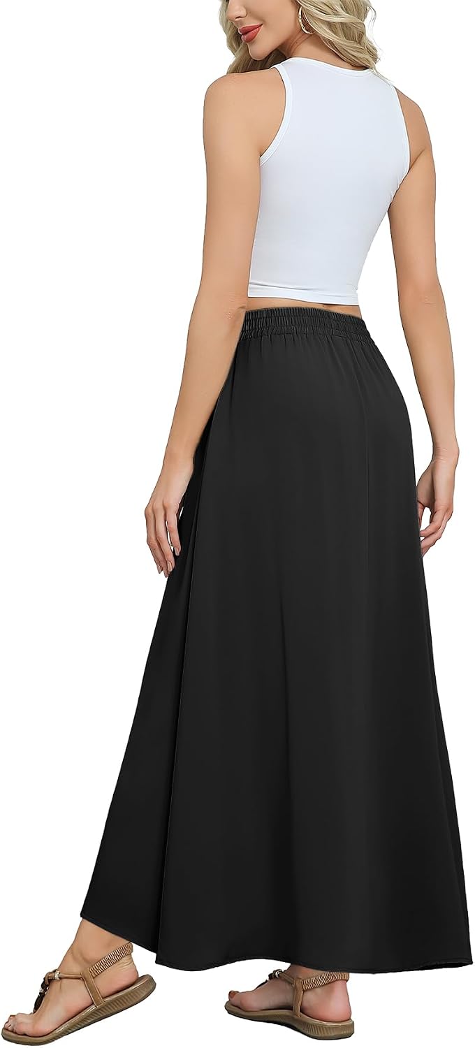 Askyes Womens Maxi Skirt Summer Trendy Tie Knot Elastic High Waisted Boho Casual Beach Flowy Swing Long Skirts with Pockets