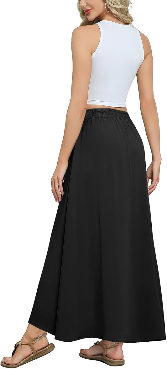 Askyes Womens Maxi Skirt Summer Trendy Tie Knot Elastic High Waisted Boho Casual Beach Flowy Swing Long Skirts with Pockets
