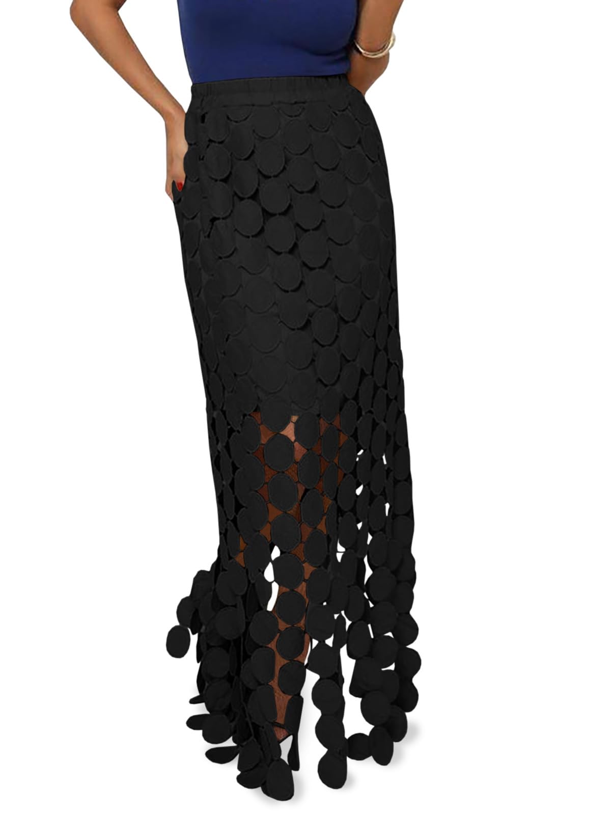 Cicy Bell Womens Hollow Out Maxi Skirts Summer Boho Fringe Hem Long Skirt