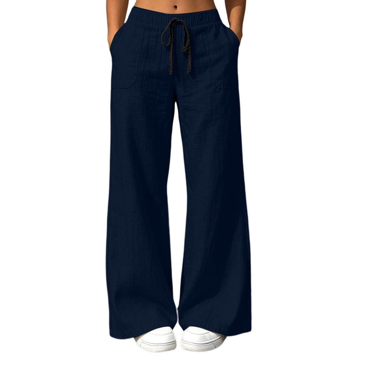 High Waisted Linen Pants Women Elastic Waist Wide Leg Flowy Lounge Pants Drawstring Palazzo Pant with Pockets