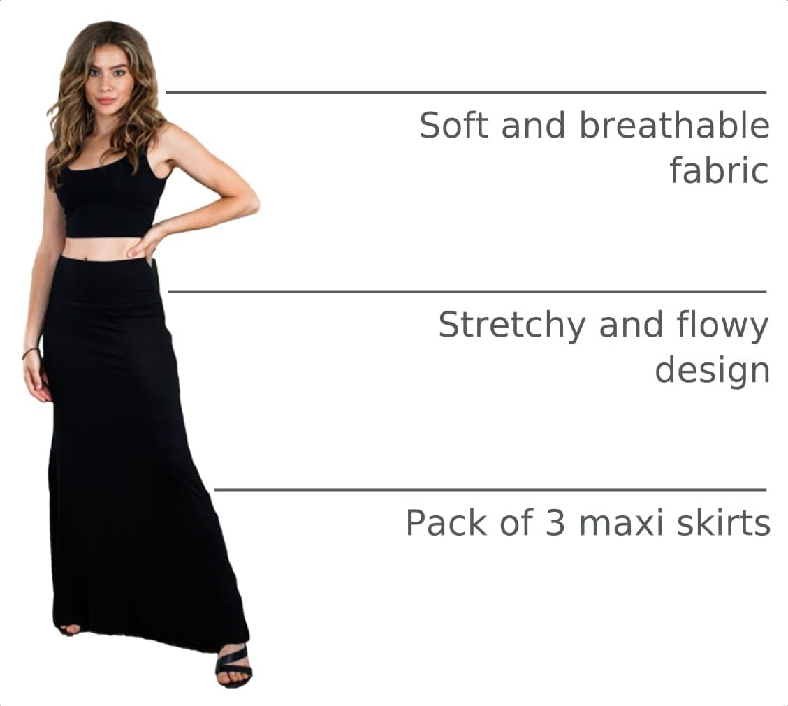 Free to Live 3 Pack Long Skirts for Women Fall Stretchy Flowy Maxi Skirt Dressy Casual for Work, Soft Fold Over High Waisted