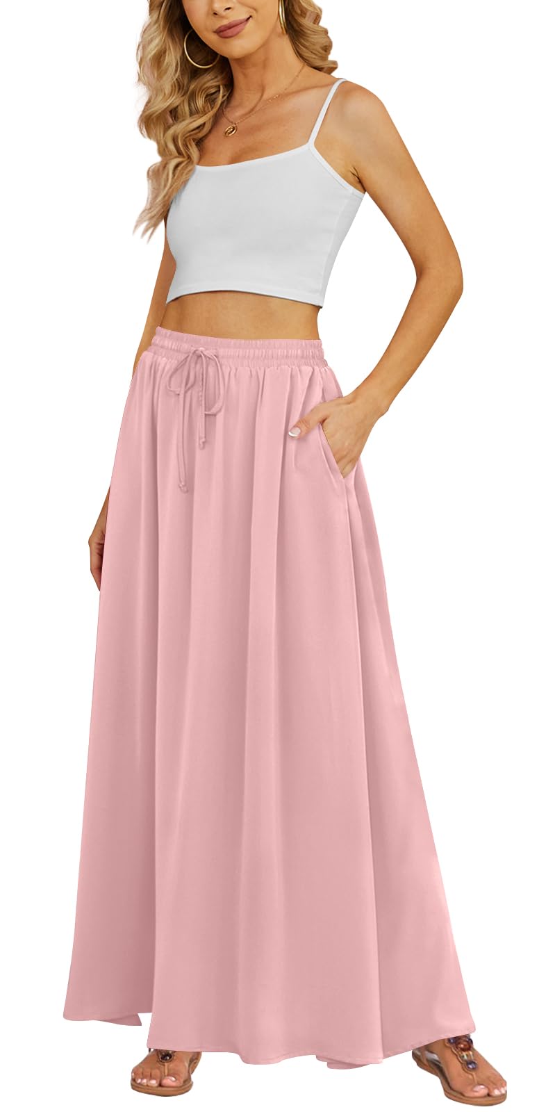 Yincro Women's Maxi Skirt Flowy High Waist Casual Long Skirts with Pockets