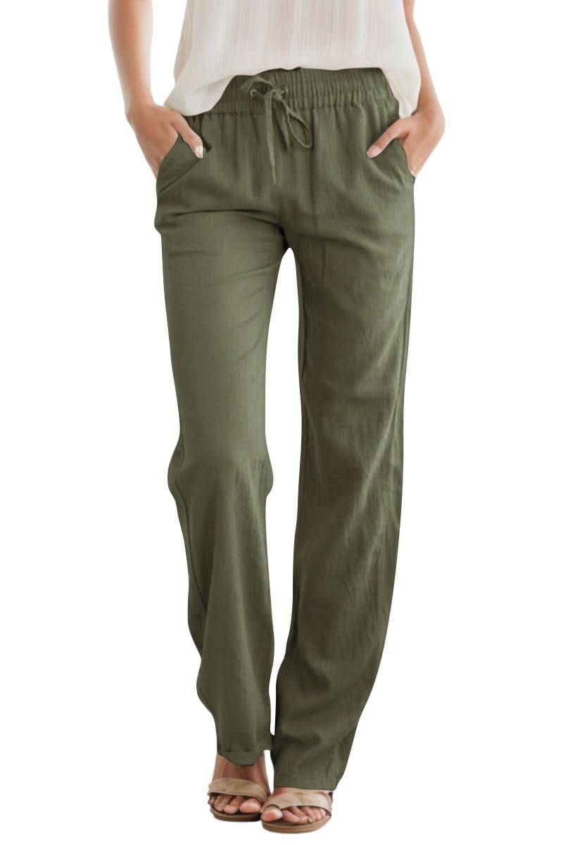 SEMARO Womens Casual Linen High Waist Pants Drawstring Loose Fit Summer Pants Trousers with Side Pockets