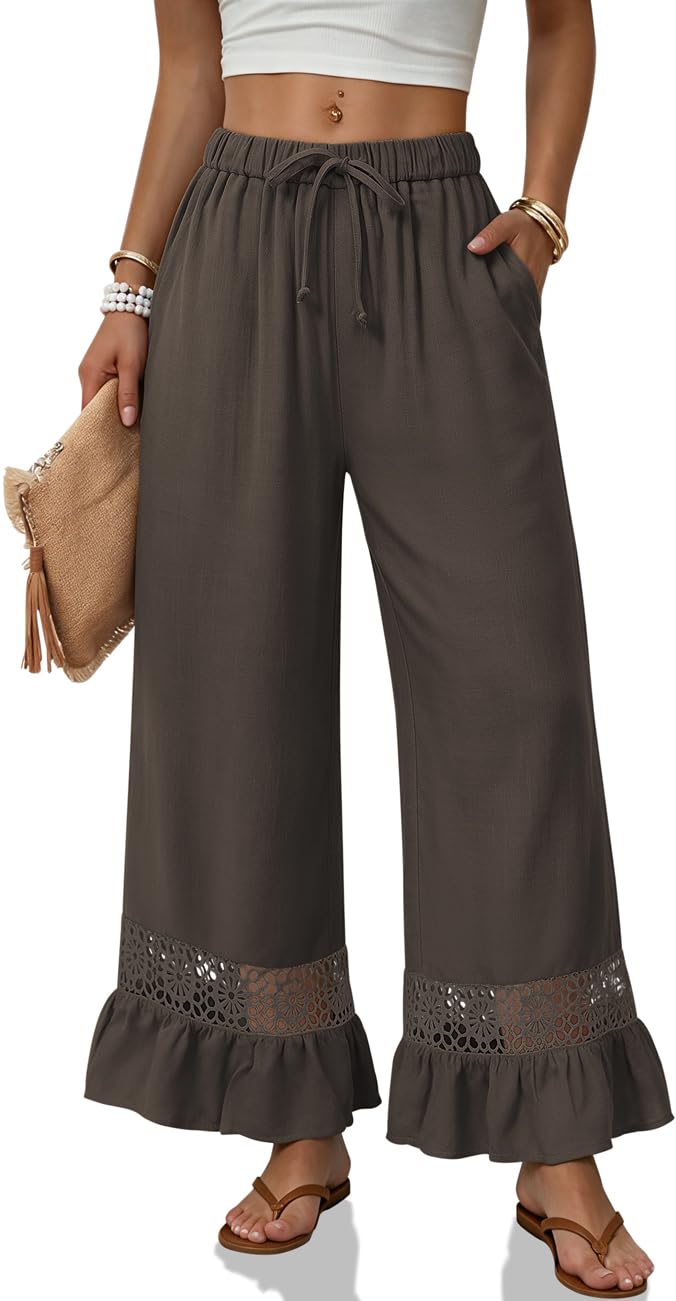 TARSE Linen Pants Women Wide Leg Lace Ruffle Hem Palazzo Pants with Pockets