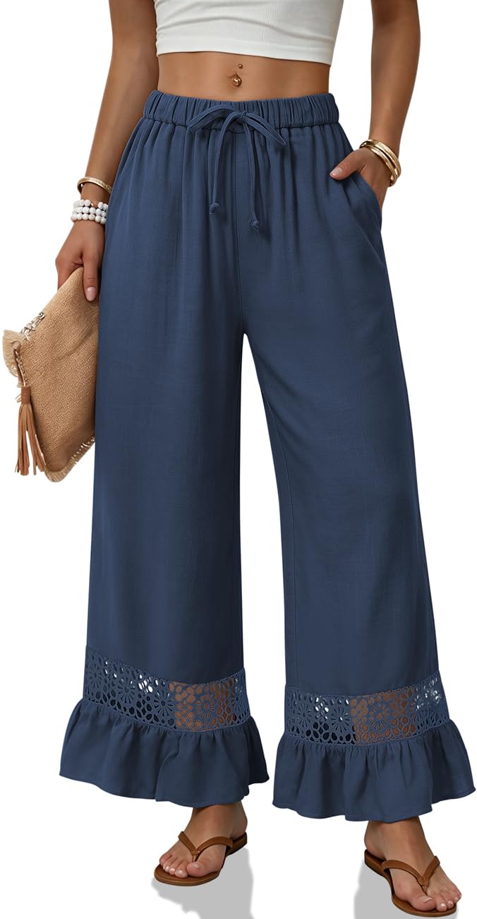 TARSE Linen Pants Women Wide Leg Lace Ruffle Hem Palazzo Pants with Pockets