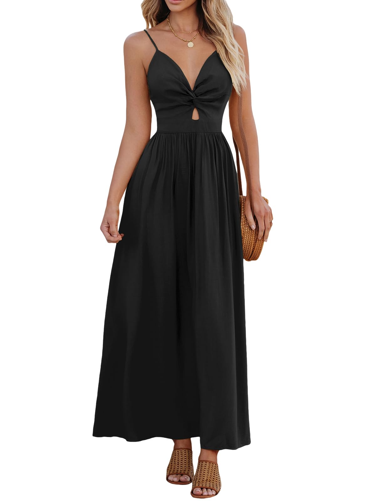 CUPSHE Women's V Neck Twisted Pleated Cutout Backless Formal Maxi Dress