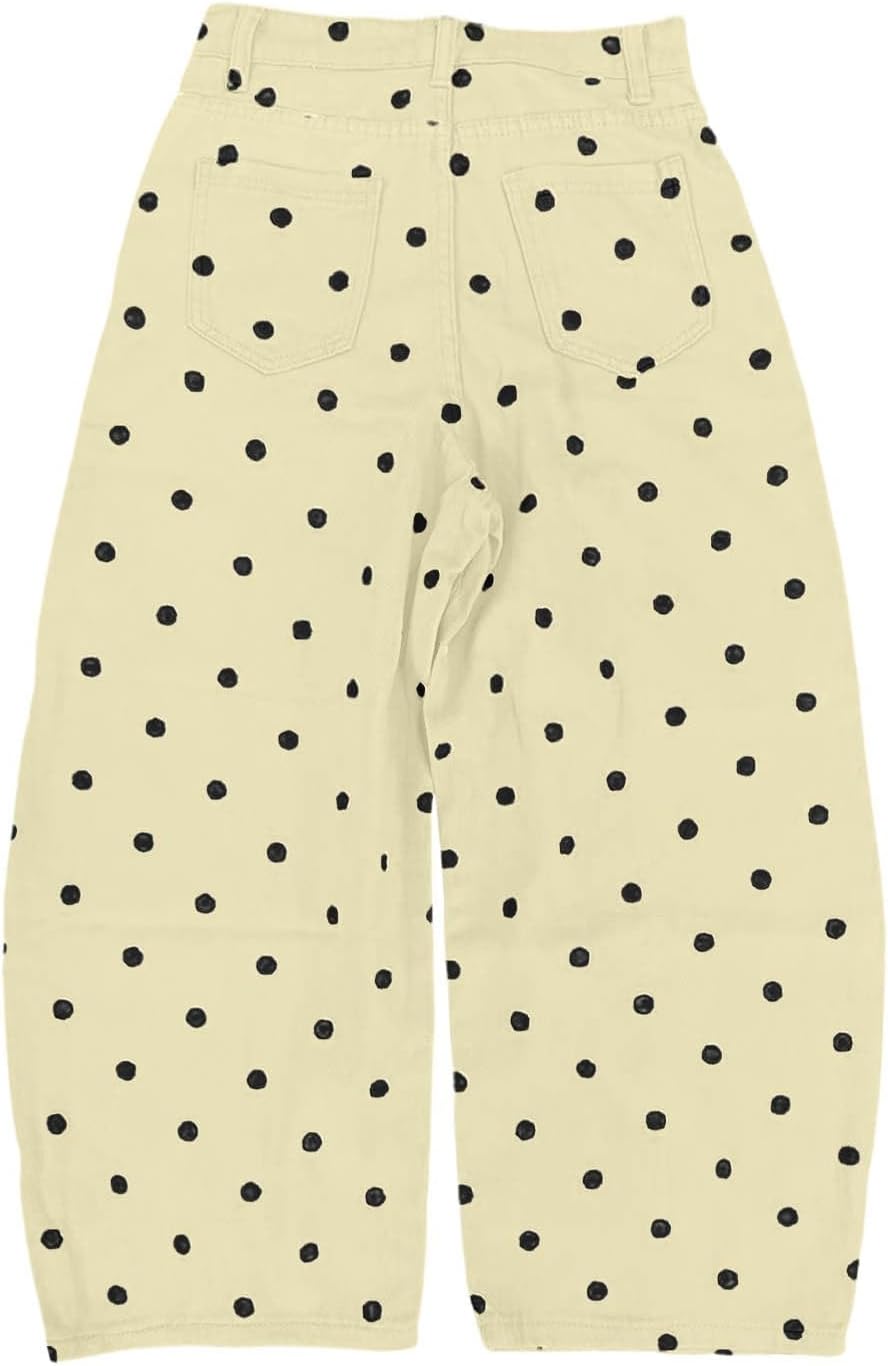 Polka Dot Pants Womens Barrel Jeans Baggy 2026 Fall High Waisted Wide Leg Casual Stretchy Denim Pant with Pockets