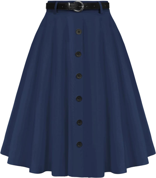 Belle Poque Women's Vintage Stretch High Waist A-Line Flared Midi Skirts with Pockets & Belts