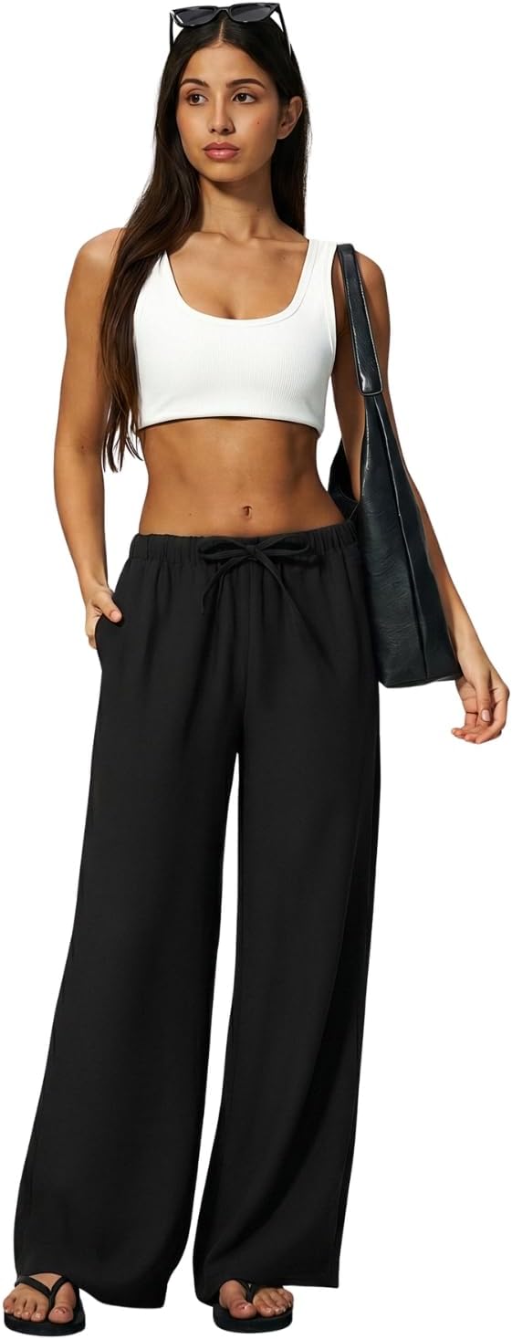 QINSEN Womens Wide Leg Palazzo Pants Wrinkle Resistant Flowy Drape Trousers