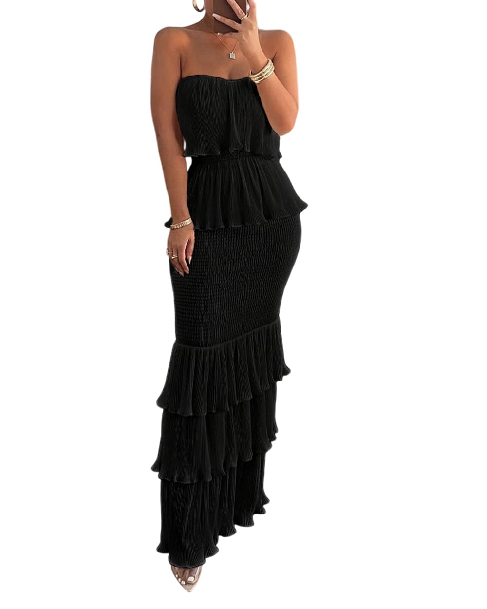 CHICME Womens Strapless Maxi Dress Shirred Tiered Ruffle Bodycon Dress