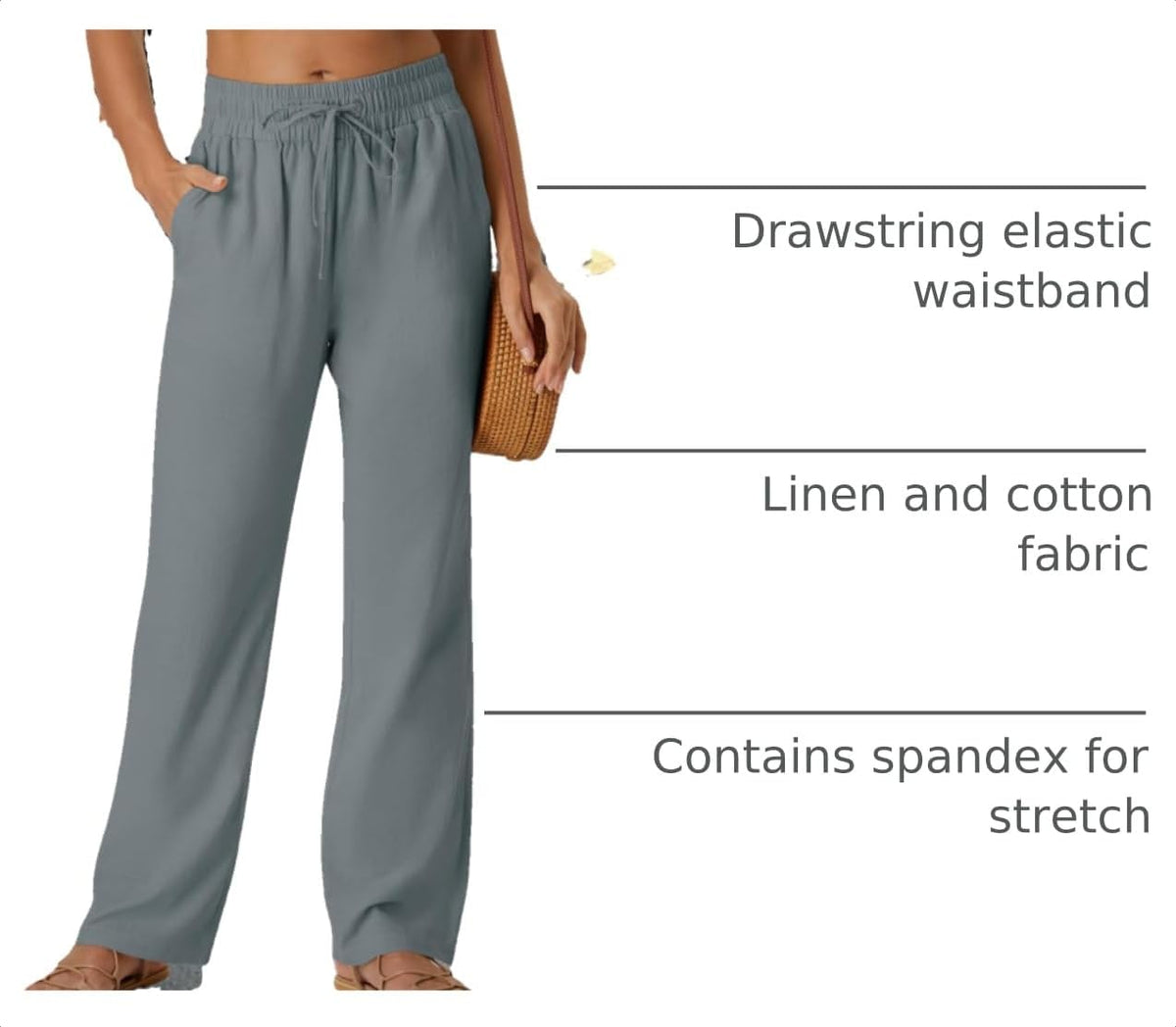 SEMARO Womens Casual Linen High Waist Pants Drawstring Loose Fit Summer Pants Trousers with Side Pockets