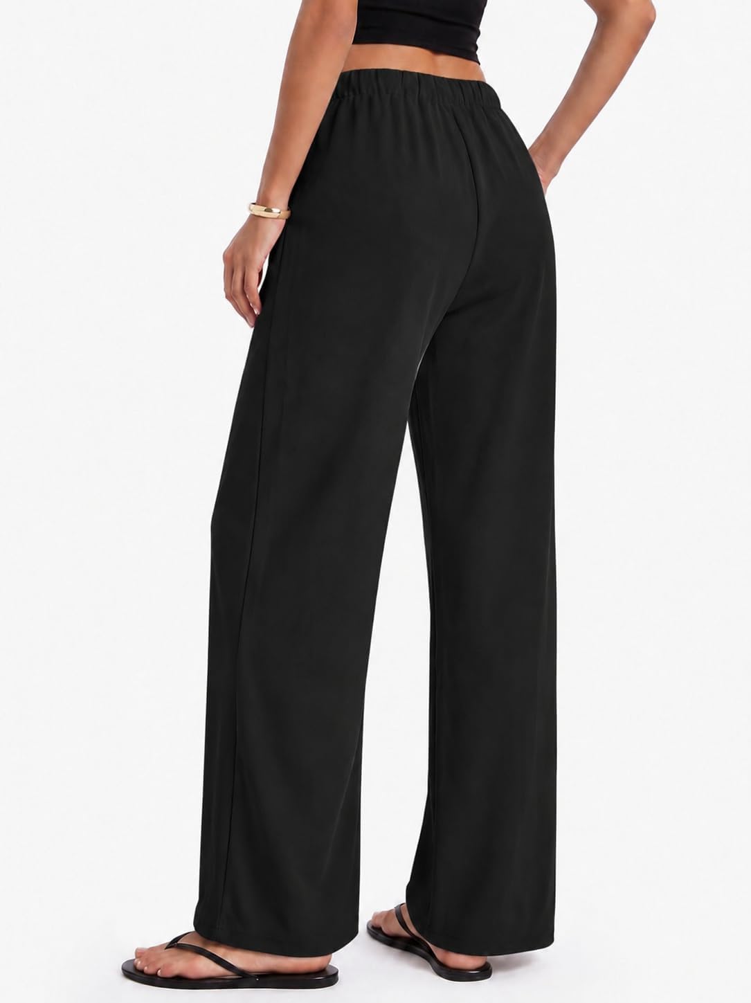 Micoson Womens Fall Wide Leg Crepe Pants Pull-On Work Trousers with Pockets