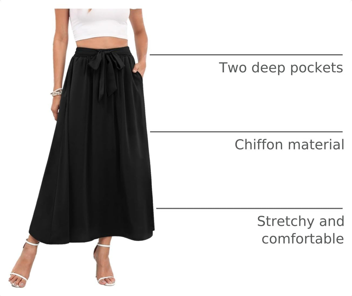 Askyes Womens Maxi Skirt Summer Trendy Tie Knot Elastic High Waisted Boho Casual Beach Flowy Swing Long Skirts with Pockets