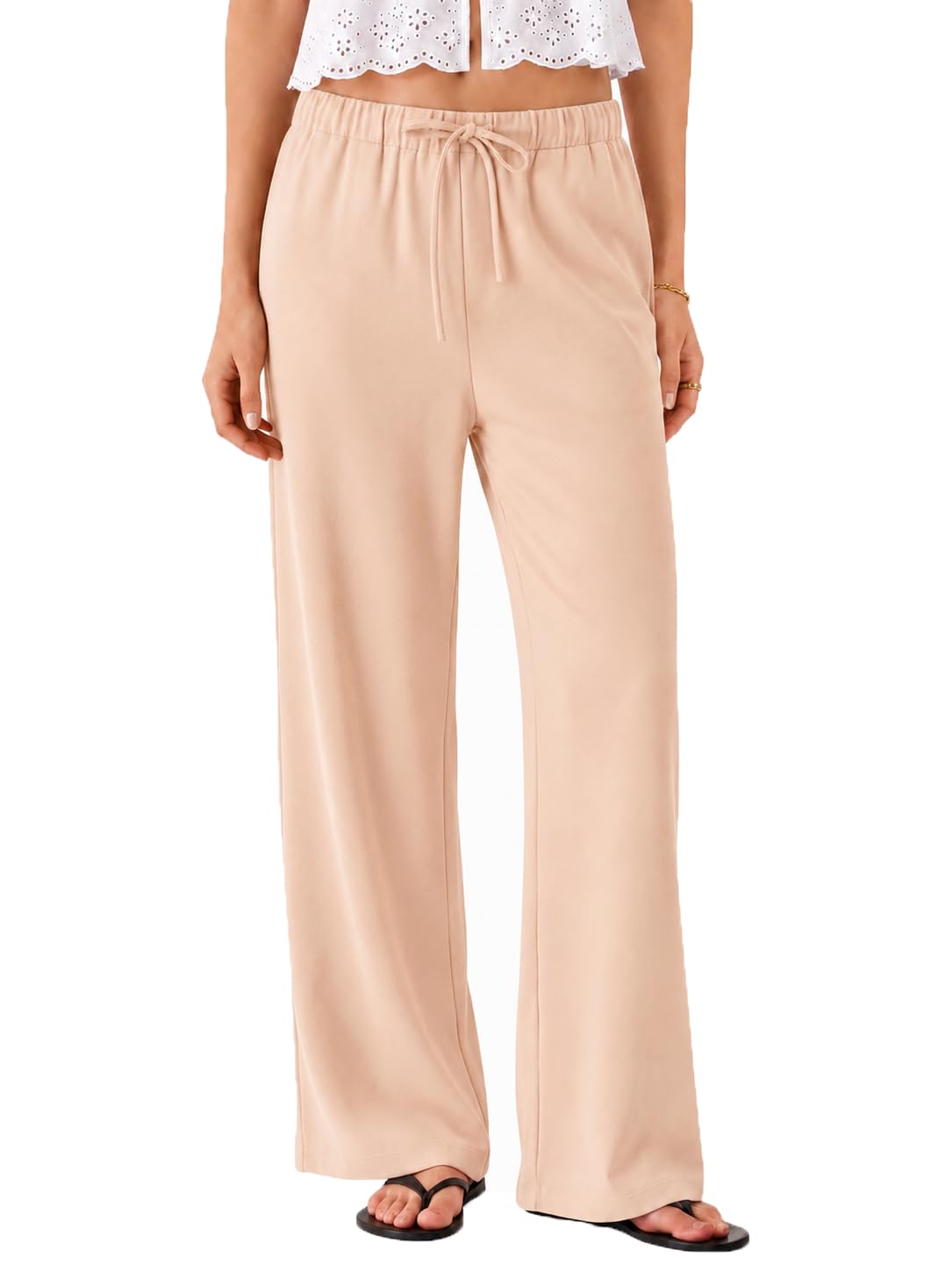 Micoson Womens Fall Wide Leg Crepe Pants Pull-On Work Trousers with Pockets