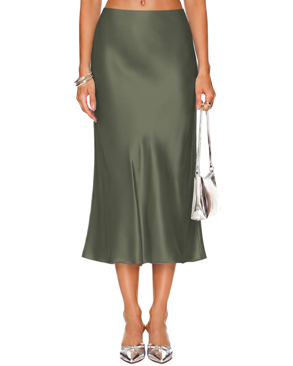 DooMoni Satin Skirts for Women White High Waisted Long Midi Silk Skirt
