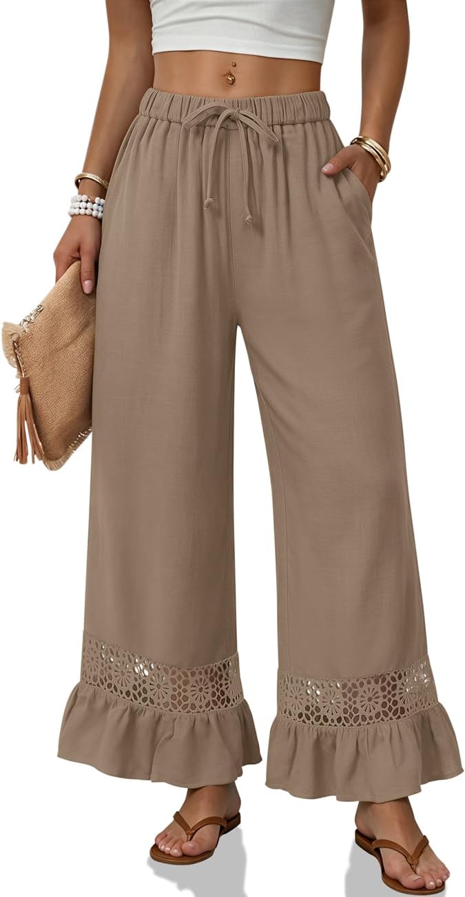 TARSE Linen Pants Women Wide Leg Lace Ruffle Hem Palazzo Pants with Pockets