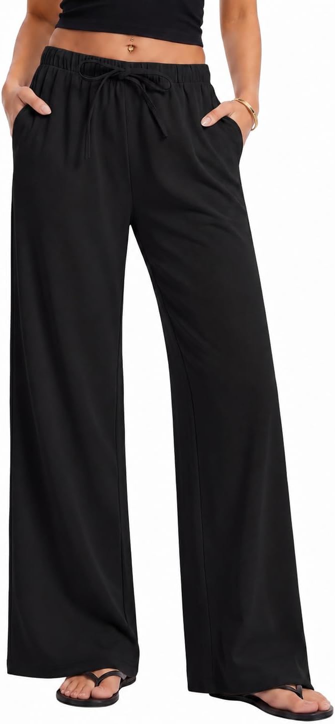 Micoson Womens Fall Wide Leg Crepe Pants Pull-On Work Trousers with Pockets