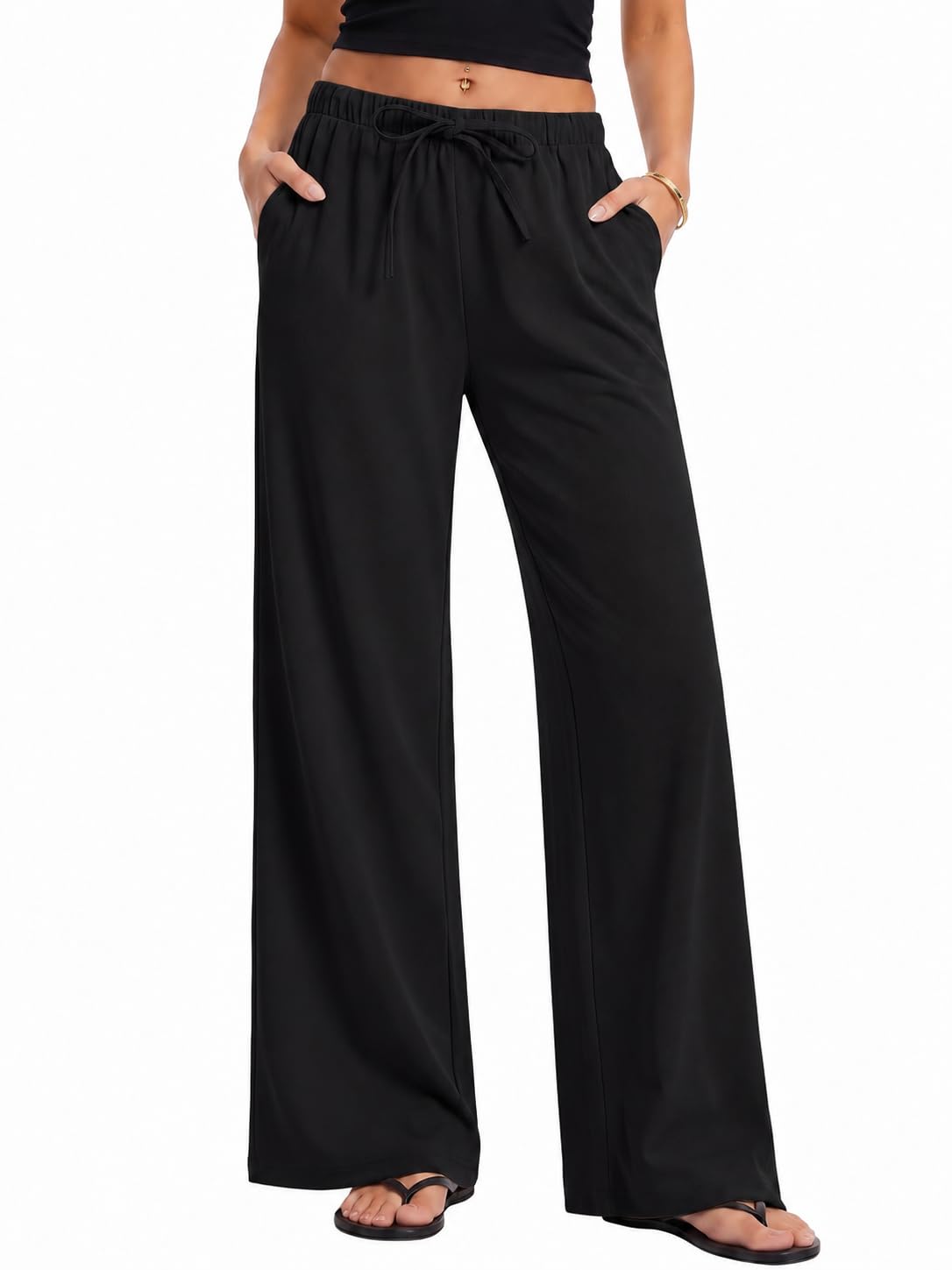 Micoson Womens Fall Wide Leg Crepe Pants Pull-On Work Trousers with Pockets