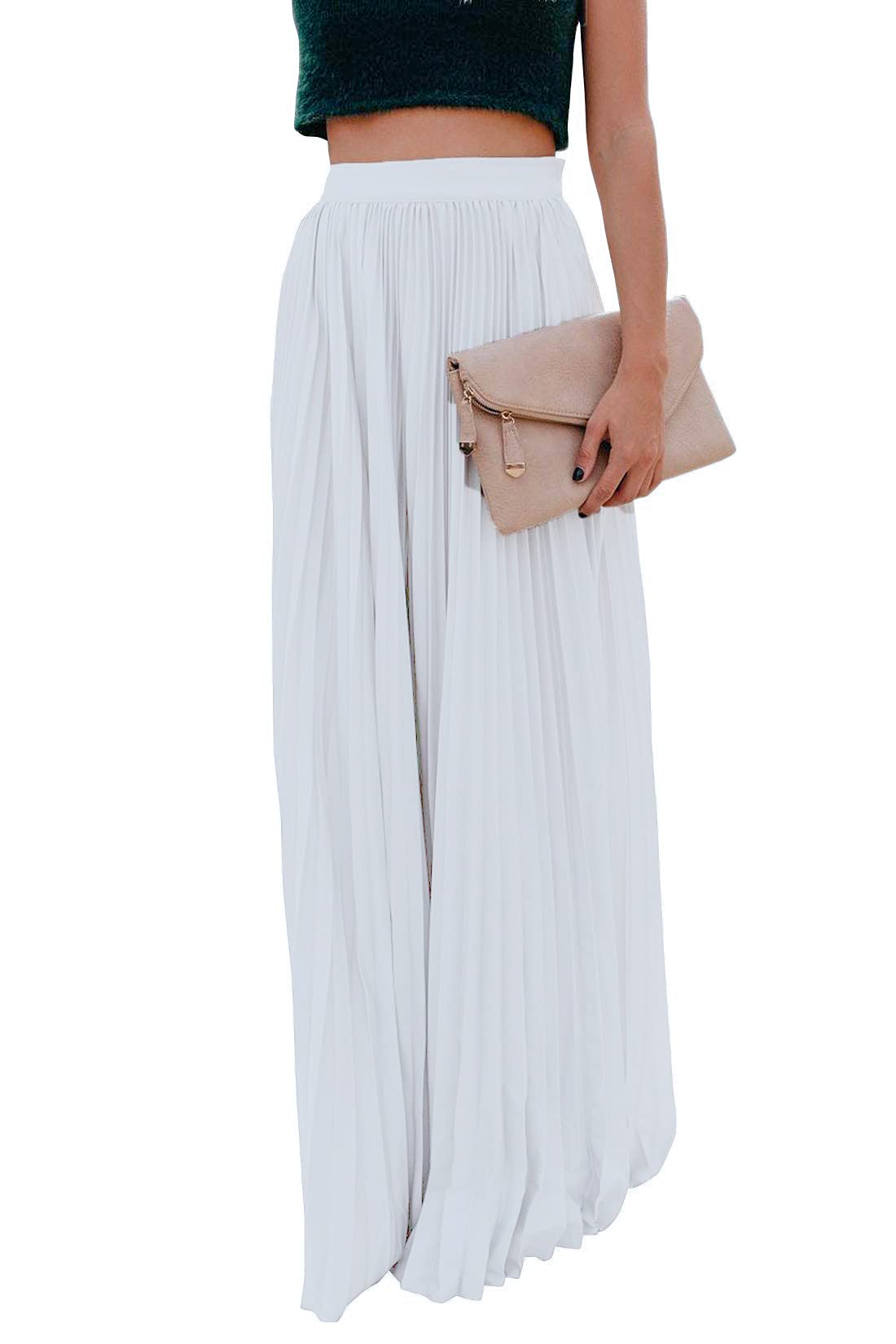 ebossy Women's High Waist Flowy Pleated Chiffon Maxi Skirt