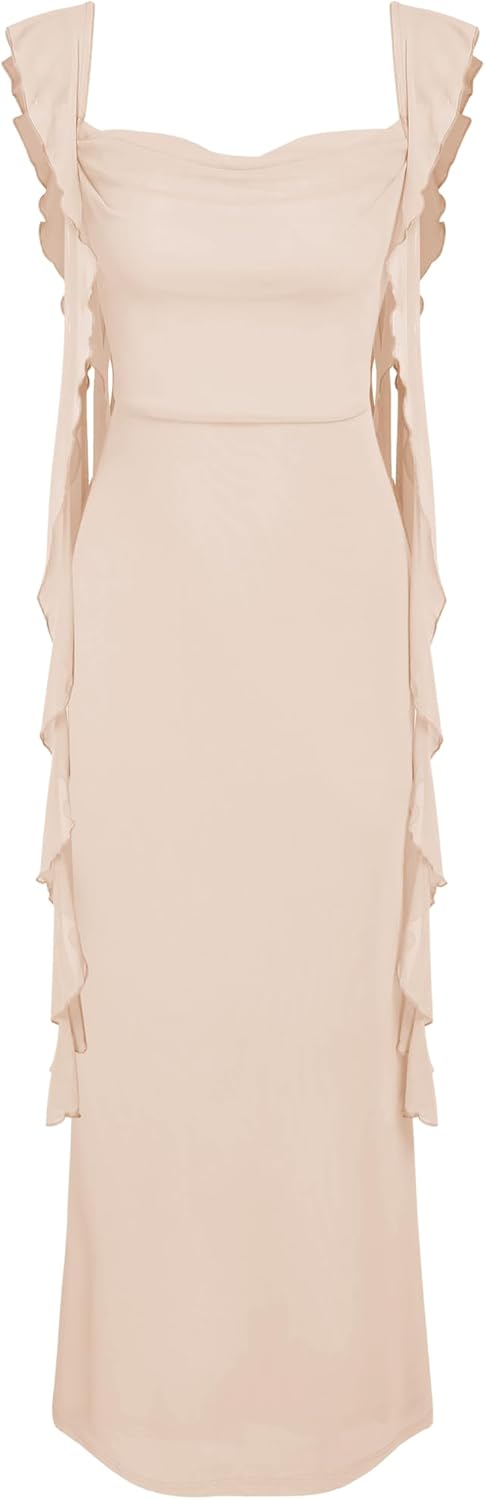 CIDER Women's Wedding Guest Dress Sleeveless Mesh Ruffle Maxi Formal Dress