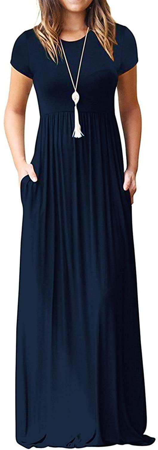 DEARCASE Maxi Dress for Women Short Sleeve Casual Summer Loose Plain Comfy Long Dresses with Pockets