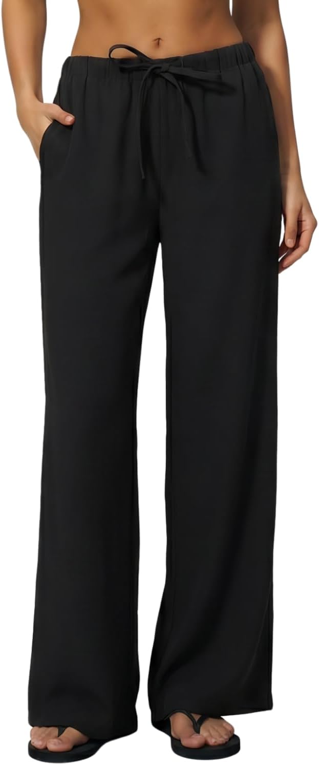 QINSEN Womens Wide Leg Palazzo Pants Wrinkle Resistant Flowy Drape Trousers
