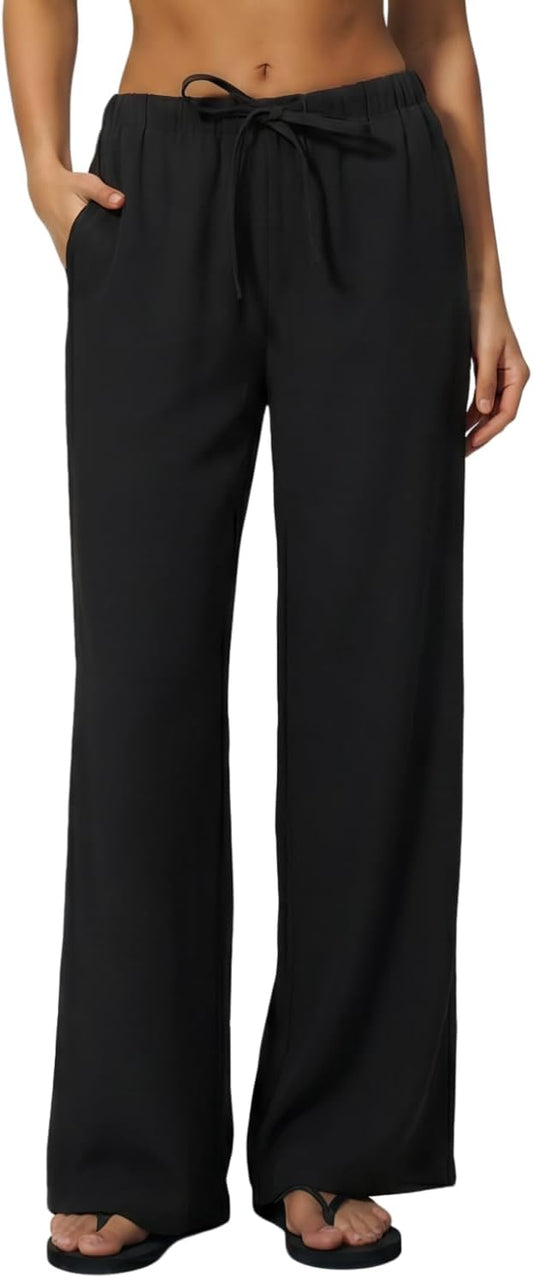 QINSEN Womens Wide Leg Palazzo Pants Wrinkle Resistant Flowy Drape Trousers
