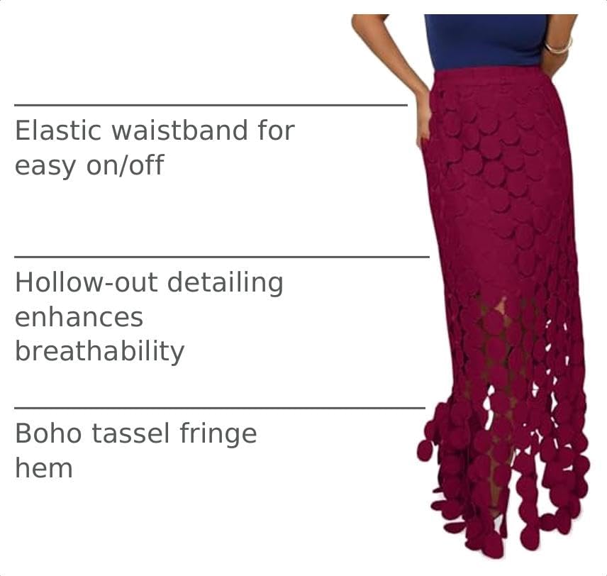 Cicy Bell Womens Hollow Out Maxi Skirts Summer Boho Fringe Hem Long Skirt