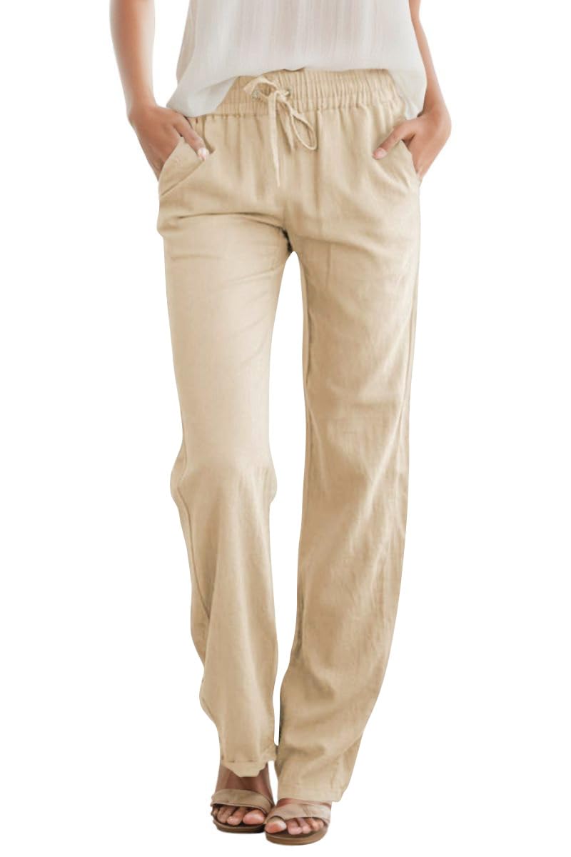 SEMARO Womens Casual Linen High Waist Pants Drawstring Loose Fit Summer Pants Trousers with Side Pockets