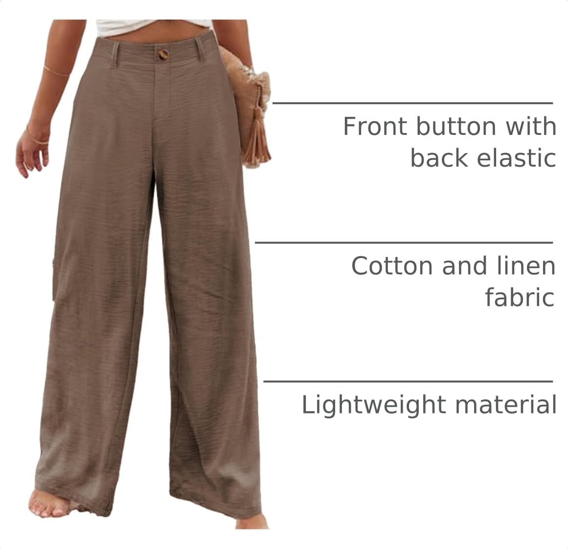 Hooever Womens Cotton Linen Pants Casual Button Up High Waisted Wide Leg Trousers