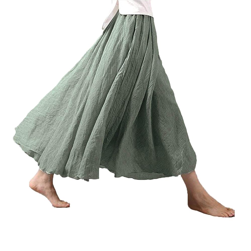 Women Bohemian Style Elastic Waist Band Cotton Linen Long Maxi Skirt Dress