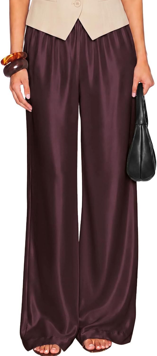 Satin Wide Leg Dress Pants Silk Flowy Long Trousers for Women