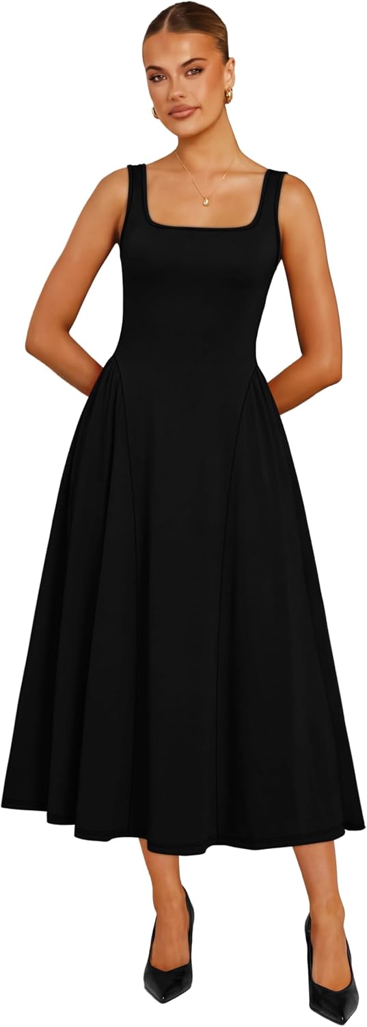 OFEEFAN Summer Dresses for Women Square Neck Corset A Line Maxi Dress Ruffle Ruched Waist Flowy Outfits