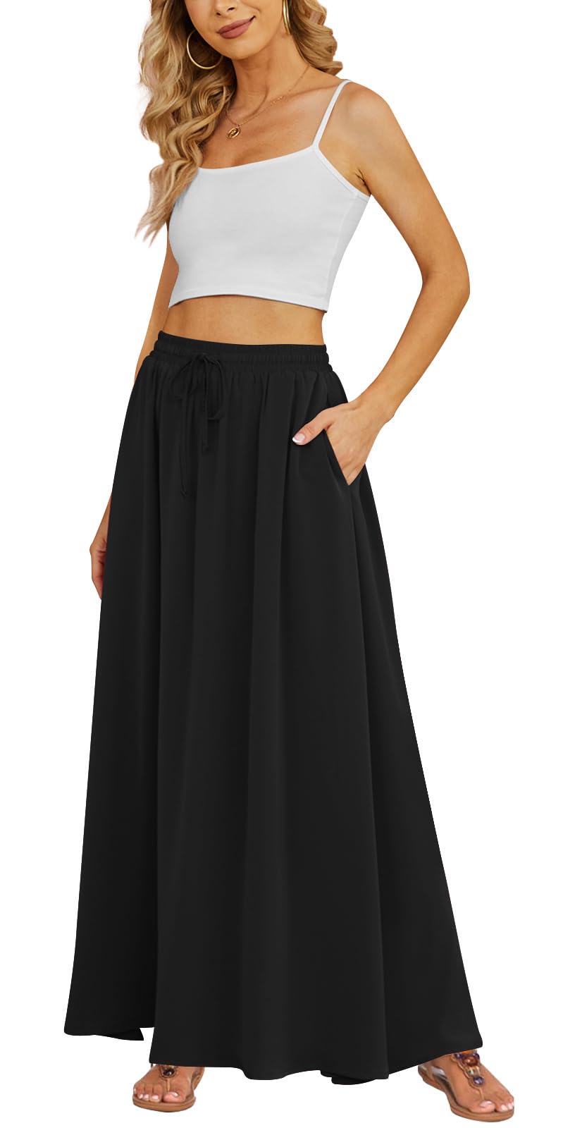 Yincro Women's Maxi Skirt Flowy High Waist Casual Long Skirts with Pockets